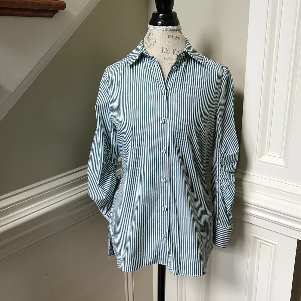 Charlotte Brody Button Down Blouse Shirt Top Womens Small Green White Stripe